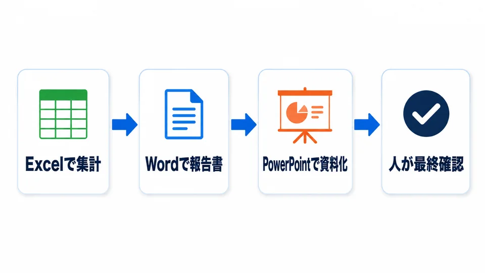 Excel集計からWord報告書、PowerPoint資料へつなぎ、最後に人が確認する業務フロー