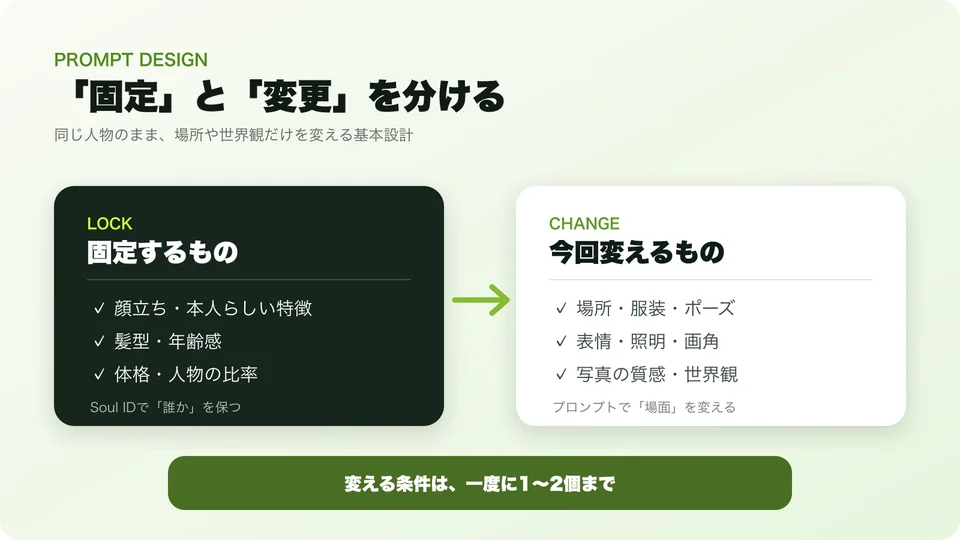顔立ちや体格を固定し、場所や服装や照明を変更するプロンプト設計