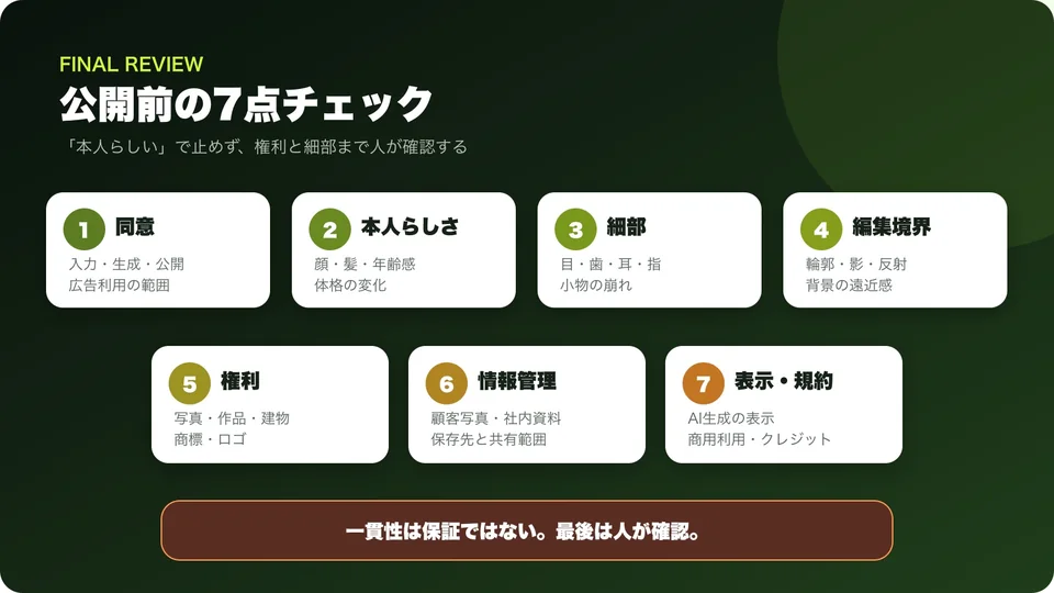 同意、本人らしさ、細部、編集境界、権利、情報管理、表示・規約の確認